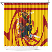 Spain Football Bull Mascot Shower Curtain Spanish Pride Champion Soccer Trophy Graffiti