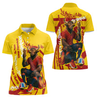 Spain Football Bull Mascot Women Polo Shirt Spanish Pride Champion Soccer Trophy Graffiti