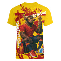 Spain Football Bull Mascot Women V-Neck T-Shirt Spanish Pride Champion Soccer Trophy Graffiti