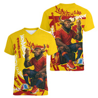 Spain Football Bull Mascot Women V-Neck T-Shirt Spanish Pride Champion Soccer Trophy Graffiti