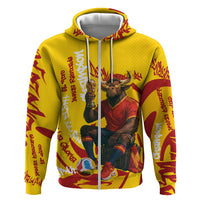 Spain Football Bull Mascot Zip Hoodie Spanish Pride Champion Soccer Trophy Graffiti
