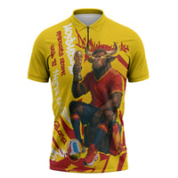Spain Football Bull Mascot Zipper Polo Shirt Spanish Pride Champion Soccer Trophy Graffiti