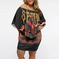 Spain Football Off Shoulder Short Dress Spanish Pride Bull Mascot Gothic Metal Lightning Storm