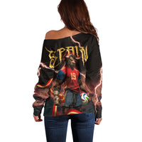 Spain Football Off Shoulder Sweater Spanish Pride Bull Mascot Gothic Metal Lightning Storm