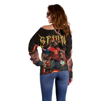 Spain Football Off Shoulder Sweater Spanish Pride Bull Mascot Gothic Metal Lightning Storm