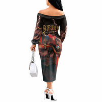 Spain Football Off The Shoulder Long Sleeve Dress Spanish Pride Bull Mascot Gothic Metal Lightning Storm