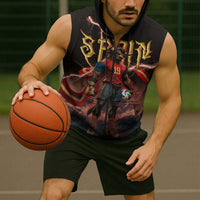 Spain Football Sleeveless Zip Hoodie Spanish Pride Bull Mascot Gothic Metal Lightning Storm