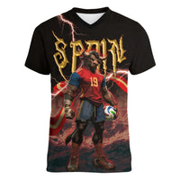 Spain Football Women V-Neck T-Shirt Spanish Pride Bull Mascot Gothic Metal Lightning Storm