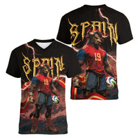 Spain Football Women V-Neck T-Shirt Spanish Pride Bull Mascot Gothic Metal Lightning Storm