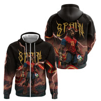 Spain Football Zip Hoodie Spanish Pride Bull Mascot Gothic Metal Lightning Storm