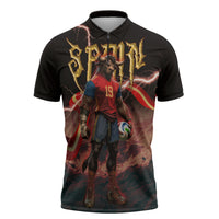 Spain Football Zipper Polo Shirt Spanish Pride Bull Mascot Gothic Metal Lightning Storm