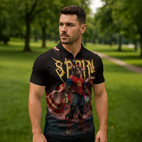 Spain Football Zipper Polo Shirt Spanish Pride Bull Mascot Gothic Metal Lightning Storm