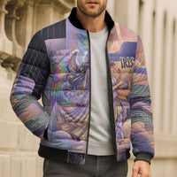 Iris Goddess Bomber Puffer Jacket Rainbow Winged Iris - Pitcher Lyre And Greek Key