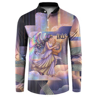 Iris Goddess Button Sweatshirt Rainbow Winged Iris - Pitcher Lyre And Greek Key