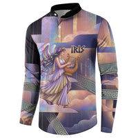 Iris Goddess Button Sweatshirt Rainbow Winged Iris - Pitcher Lyre And Greek Key