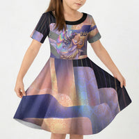 Iris Goddess Kid Short Sleeve Dress Rainbow Winged Iris - Pitcher Lyre And Greek Key