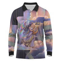 Iris Goddess Long Sleeve Polo Shirt Rainbow Winged Iris - Pitcher Lyre And Greek Key