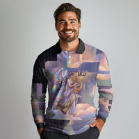 Iris Goddess Long Sleeve Polo Shirt Rainbow Winged Iris - Pitcher Lyre And Greek Key