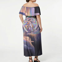 Iris Goddess Off Shoulder Maxi Dress Rainbow Winged Iris - Pitcher Lyre And Greek Key