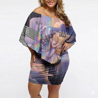 Iris Goddess Off Shoulder Short Dress Rainbow Winged Iris - Pitcher Lyre And Greek Key
