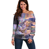 Iris Goddess Off Shoulder Sweater Rainbow Winged Iris - Pitcher Lyre And Greek Key