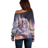 Iris Goddess Off Shoulder Sweater Rainbow Winged Iris - Pitcher Lyre And Greek Key