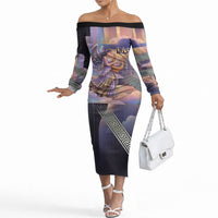 Iris Goddess Off The Shoulder Long Sleeve Dress Rainbow Winged Iris - Pitcher Lyre And Greek Key