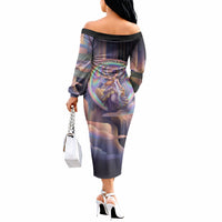 Iris Goddess Off The Shoulder Long Sleeve Dress Rainbow Winged Iris - Pitcher Lyre And Greek Key