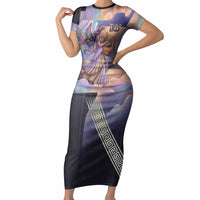 Iris Goddess Short Sleeve Bodycon Dress Rainbow Winged Iris - Pitcher Lyre And Greek Key
