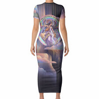 Iris Goddess Short Sleeve Bodycon Dress Rainbow Winged Iris - Pitcher Lyre And Greek Key