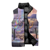 Iris Goddess Sleeveless Puffer Jacket Rainbow Winged Iris - Pitcher Lyre And Greek Key