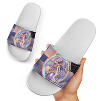 Iris Goddess Slide Sandals Rainbow Winged Iris - Pitcher Lyre And Greek Key