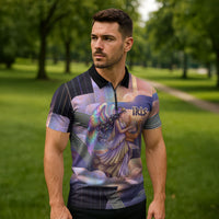 Iris Goddess Zipper Polo Shirt Rainbow Winged Iris - Pitcher Lyre And Greek Key