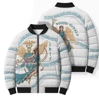 Iris Goddess Bomber Puffer Jacket Winged Iris Caduceus Staff Rainbow Ribbon Greek Key