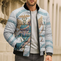 Iris Goddess Bomber Puffer Jacket Winged Iris Caduceus Staff Rainbow Ribbon Greek Key