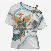 Iris Goddess Cross Shoulder Shirt Winged Iris Caduceus Staff Rainbow Ribbon Greek Key