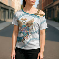 Iris Goddess Cross Shoulder Shirt Winged Iris Caduceus Staff Rainbow Ribbon Greek Key
