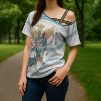 Iris Goddess Cross Shoulder Shirt Winged Iris Caduceus Staff Rainbow Ribbon Greek Key