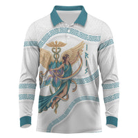 Iris Goddess Long Sleeve Polo Shirt Winged Iris Caduceus Staff Rainbow Ribbon Greek Key