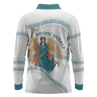 Iris Goddess Long Sleeve Polo Shirt Winged Iris Caduceus Staff Rainbow Ribbon Greek Key