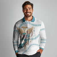 Iris Goddess Long Sleeve Polo Shirt Winged Iris Caduceus Staff Rainbow Ribbon Greek Key