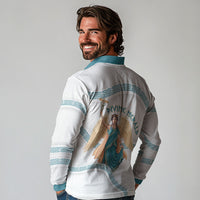 Iris Goddess Long Sleeve Polo Shirt Winged Iris Caduceus Staff Rainbow Ribbon Greek Key