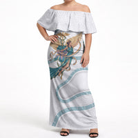 Iris Goddess Off Shoulder Maxi Dress Winged Iris Caduceus Staff Rainbow Ribbon Greek Key
