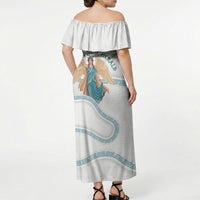 Iris Goddess Off Shoulder Maxi Dress Winged Iris Caduceus Staff Rainbow Ribbon Greek Key
