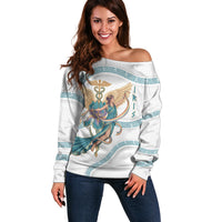 Iris Goddess Off Shoulder Sweater Winged Iris Caduceus Staff Rainbow Ribbon Greek Key