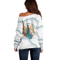 Iris Goddess Off Shoulder Sweater Winged Iris Caduceus Staff Rainbow Ribbon Greek Key