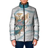 Iris Goddess Padded Jacket Winged Iris Caduceus Staff Rainbow Ribbon Greek Key