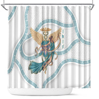 Iris Goddess Shower Curtain Winged Iris Caduceus Staff Rainbow Ribbon Greek Key