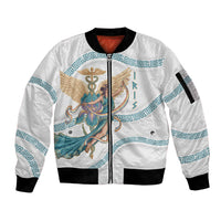 Iris Goddess Sleeve Zip Bomber Jacket Winged Iris Caduceus Staff Rainbow Ribbon Greek Key