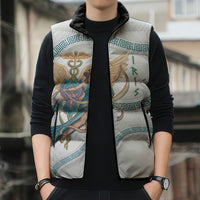 Iris Goddess Sleeveless Puffer Jacket Winged Iris Caduceus Staff Rainbow Ribbon Greek Key